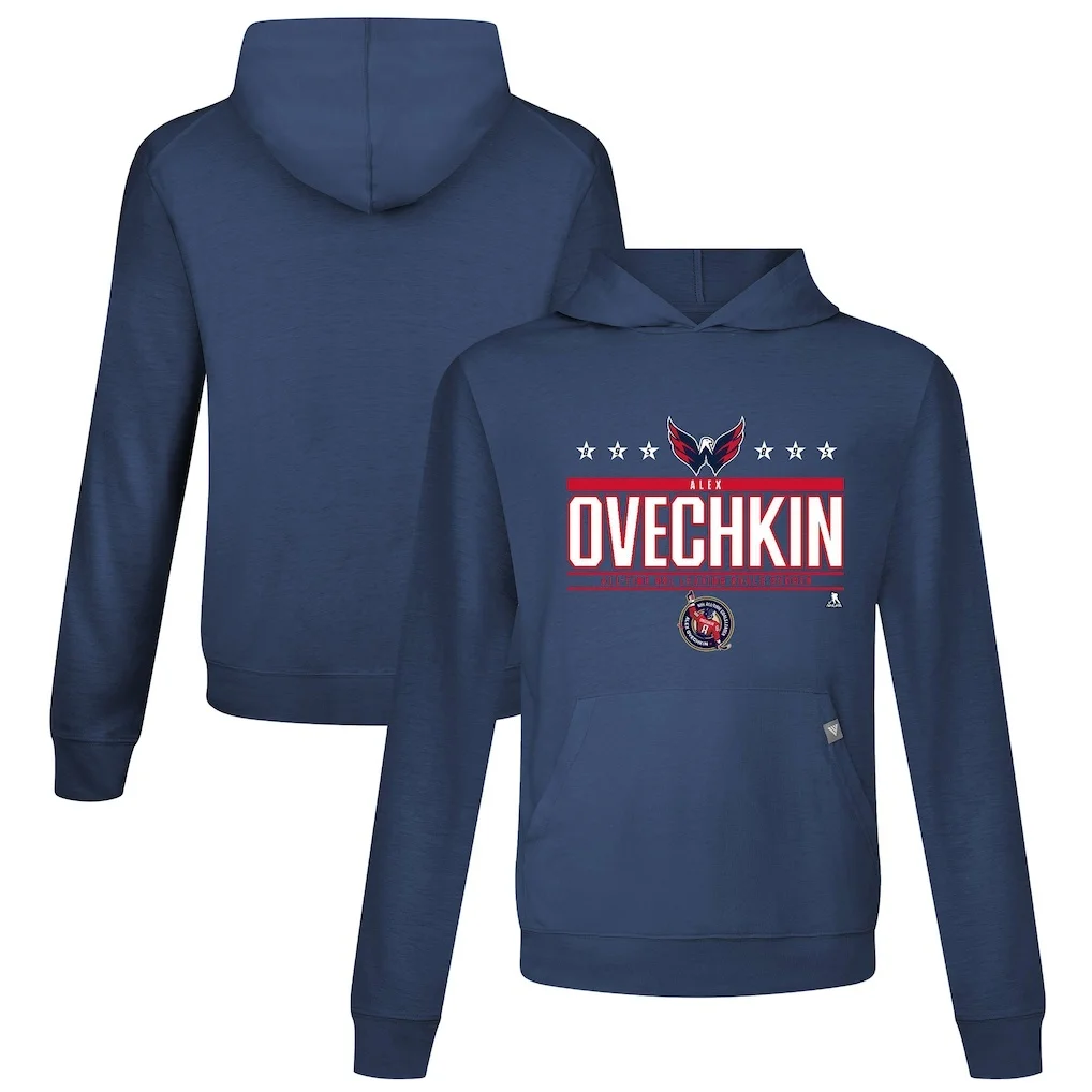 

Alexander Ovechkin Capitals Lev Deear All-Time Leading Goal Scorer Milestone Stars Relay Hoodie — темно-синяя мягкая толстовка с длинными рукавами