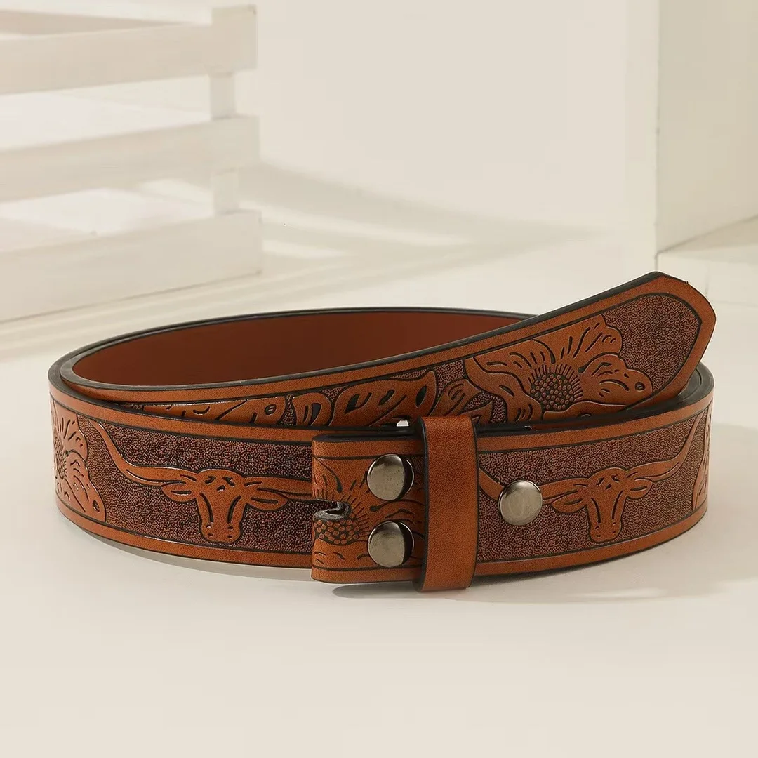 Western cowboy cow head embossed belt, carved style belt, waisted, distressed waistband, versatile and trendy