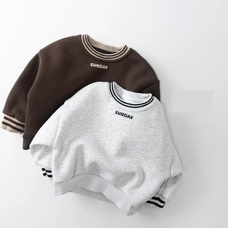 

2025 Winter New Children Fleece Sweatshirt Letter Print Baby Boys Girls Warm Pullover Plus Velvet Thick Kids Casual Sweatshirt