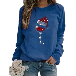 Pull de Noël à manches longues et col rond pour femme, chapeau, motif de coupe de vin rouge, imprimé, nouveau, 2023