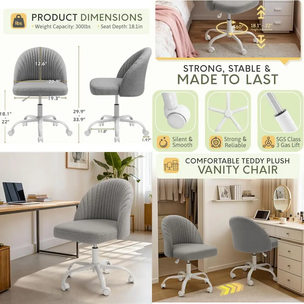 

Modern Swivel Task Chair, Adjustable Vanity Desk Chair with Wheels, Teddy Velvet Dark Grey for Home Office