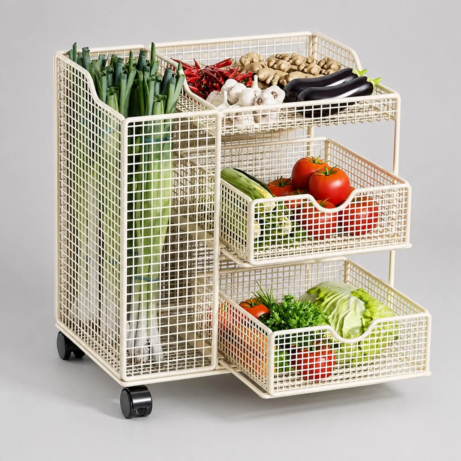 Easy Glide Kitchen Storage Cart with Pull Out Baskets for Vegetable Fruit Organization Compact White Rolling Metal Utility Cart