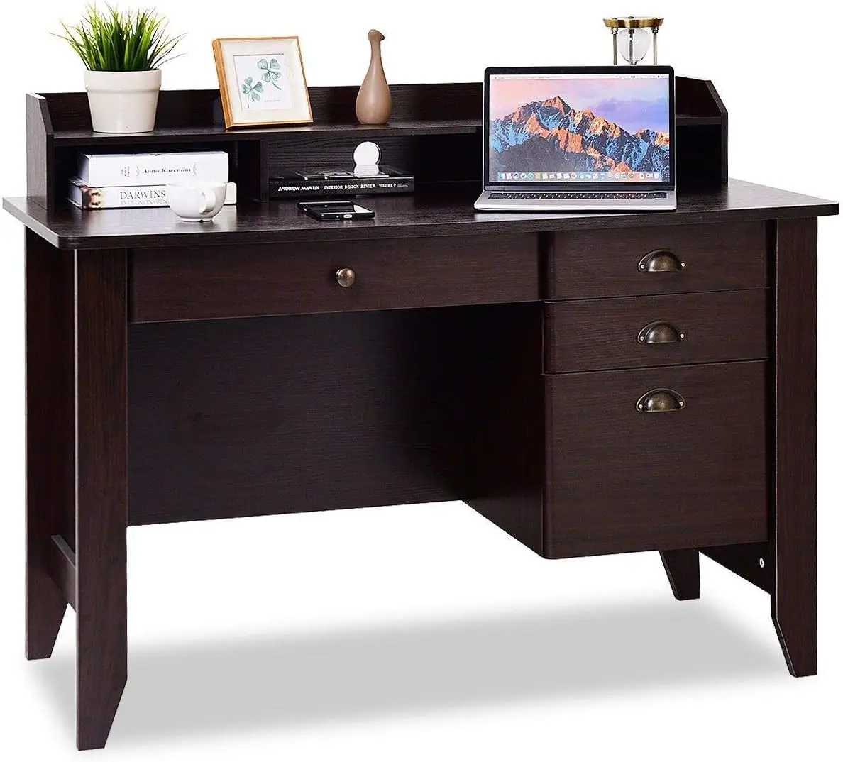 

Computer Desk with 4 Storage Drawers & Hutch, Home Office Desk Vintage Desk with Storage Shelves, Wooden Executive Desk Writing
