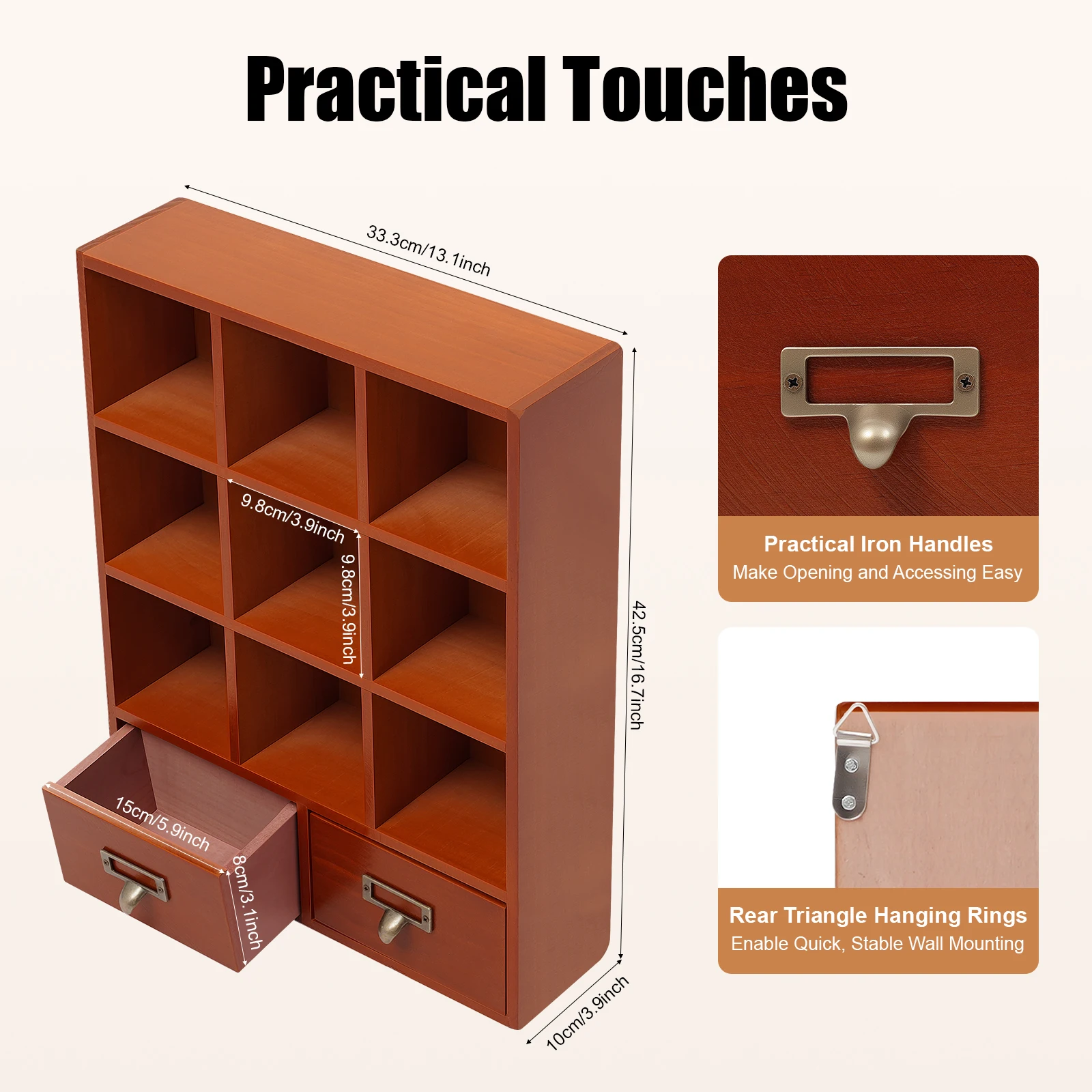 Wooden Storage Divider Box Showcase Display Box Organization Tabletop Box with 9 Compartments and 2 Drawers for Home Storage