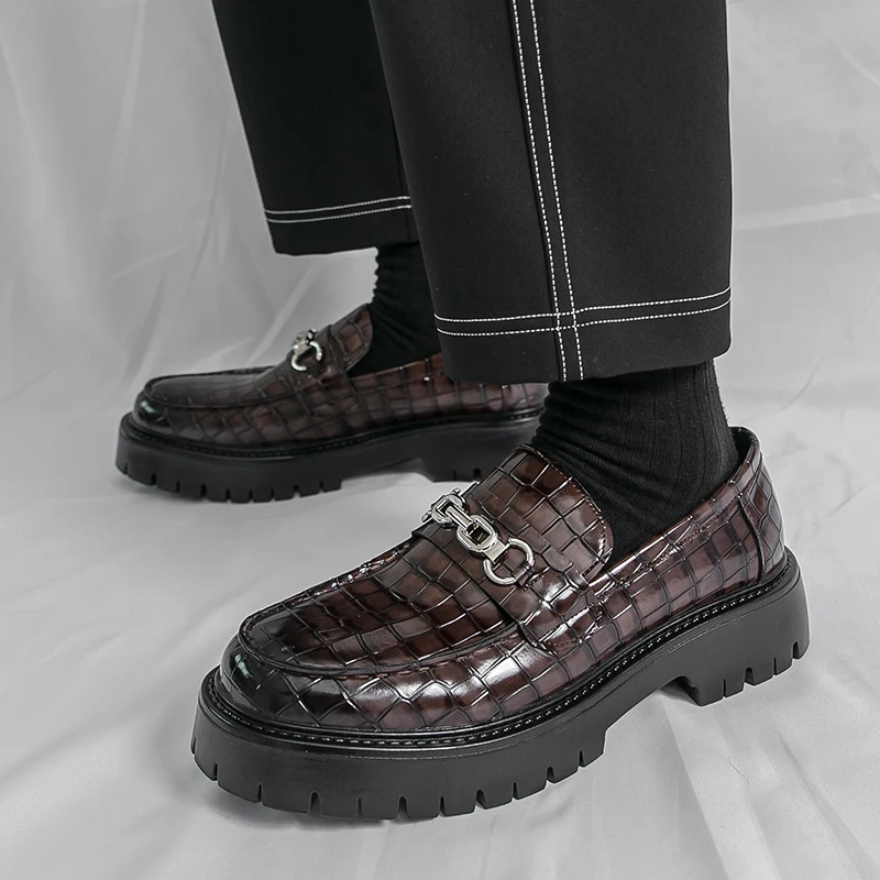 

Low-Top Men's Business Shoes Fashionable Thick-Heeled Slip-On Wedding Shoes Four-Season Single Shoes British Style Leather Shoes