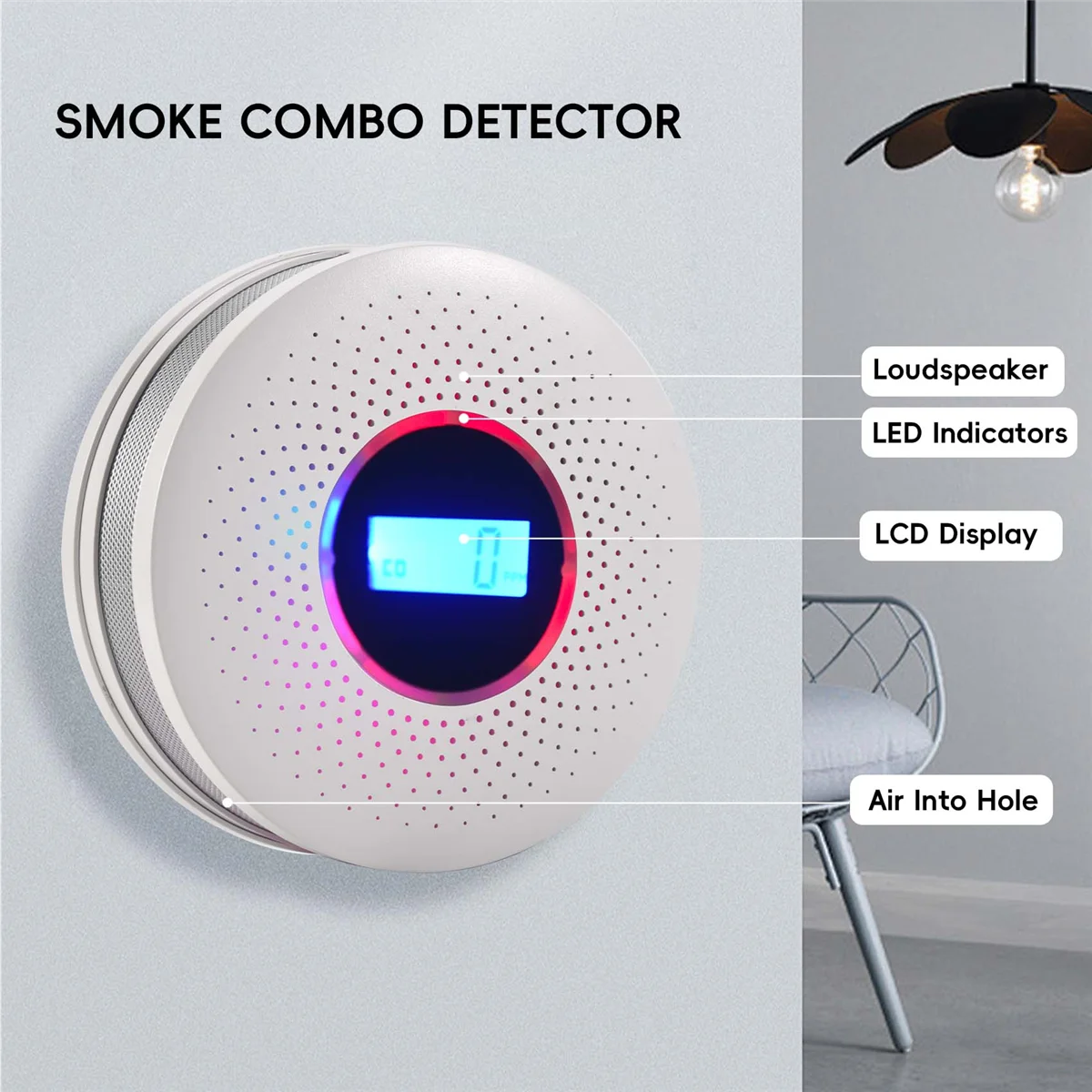 Detector combinado de monóxido de carbono y humo, alarma de CO con pilas y luz LED, advertencia de sonido intermitente