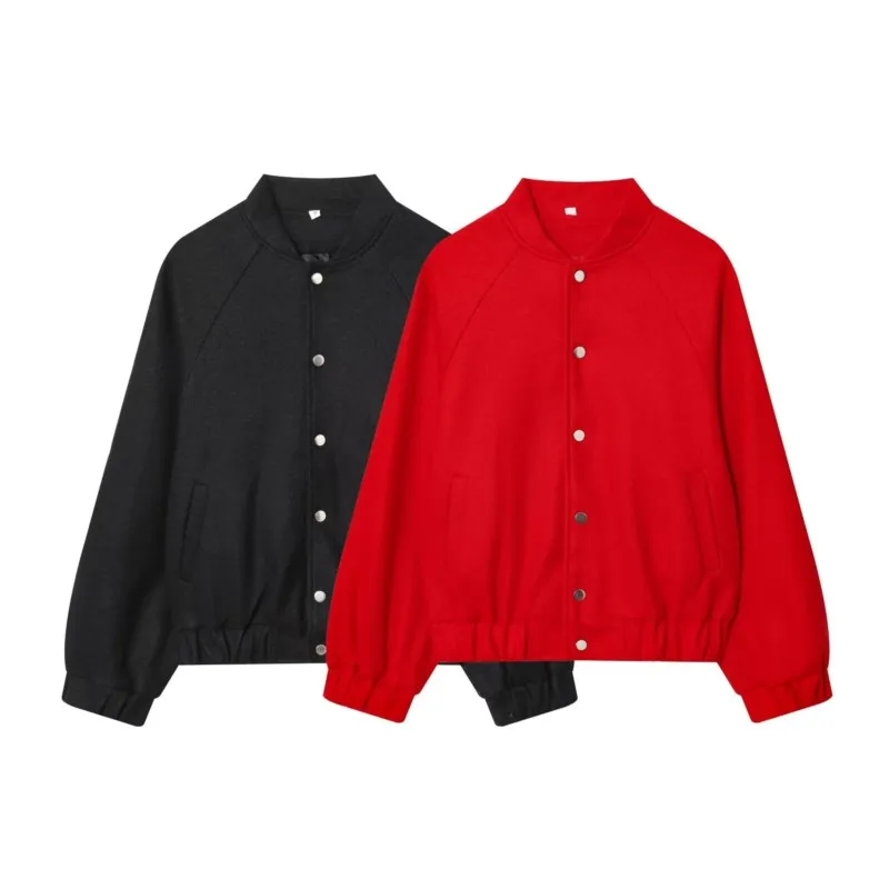 

HipSeam Women Woolen Baseball Jacket Autumn Fashion O Neck Short Jacket With Button Pocket Decoration Simple Female Chic Jacke