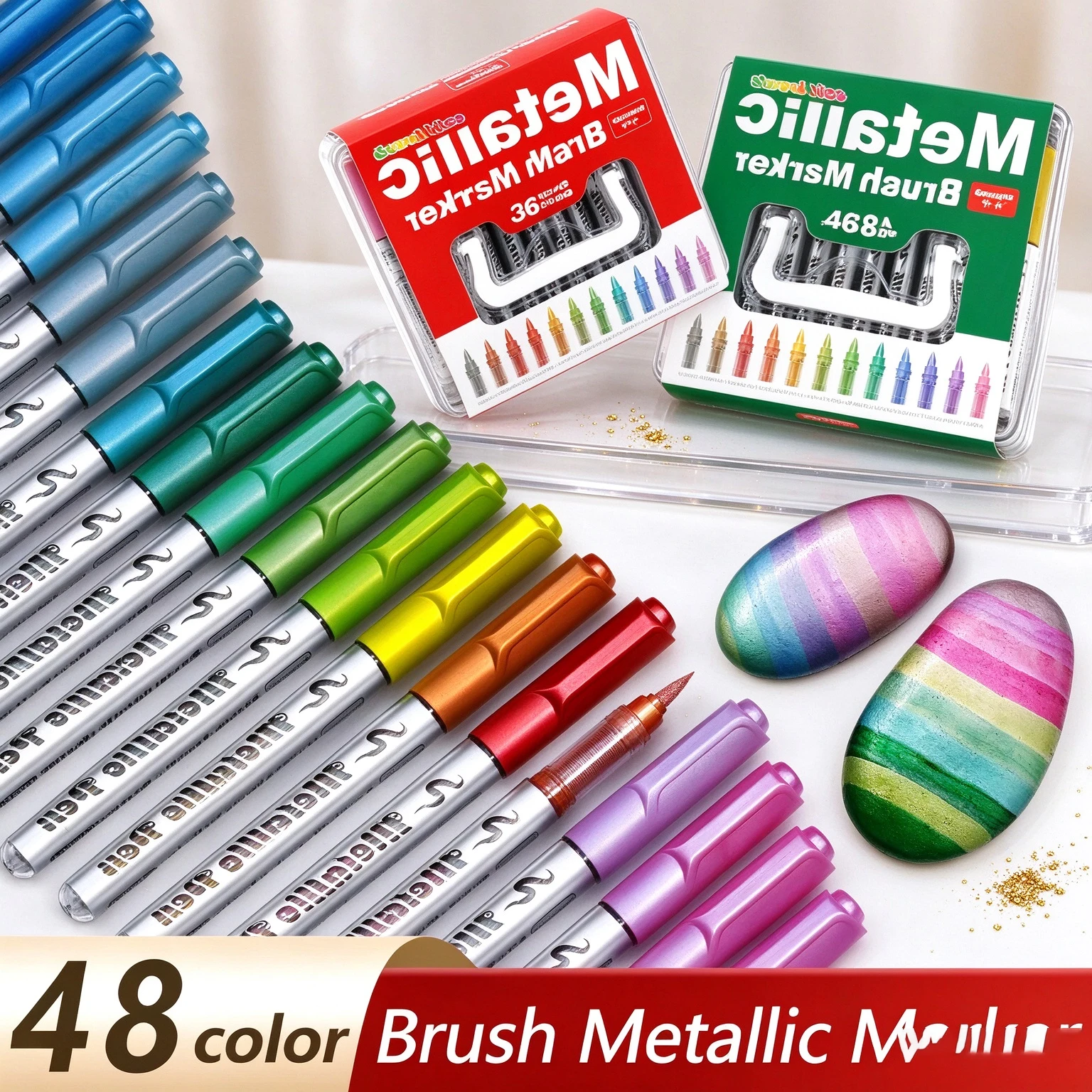 GN 12‑48 Colors Metallic Permanent Brush Marker Set, 1.0‑7mm Variable Tip for Artist Painting DIY Crafts,Art Stationery Supplies