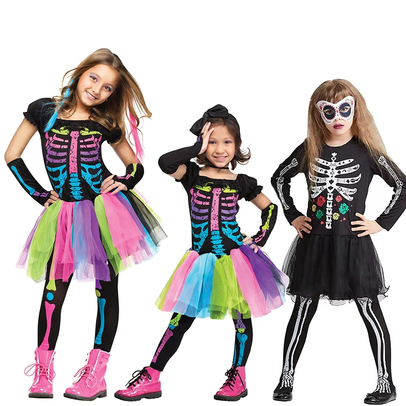 

Colorful Halloween Cosplay Girls Skeleton Fancy Dress Funky Punky Bones Costume for Toddlers Kids