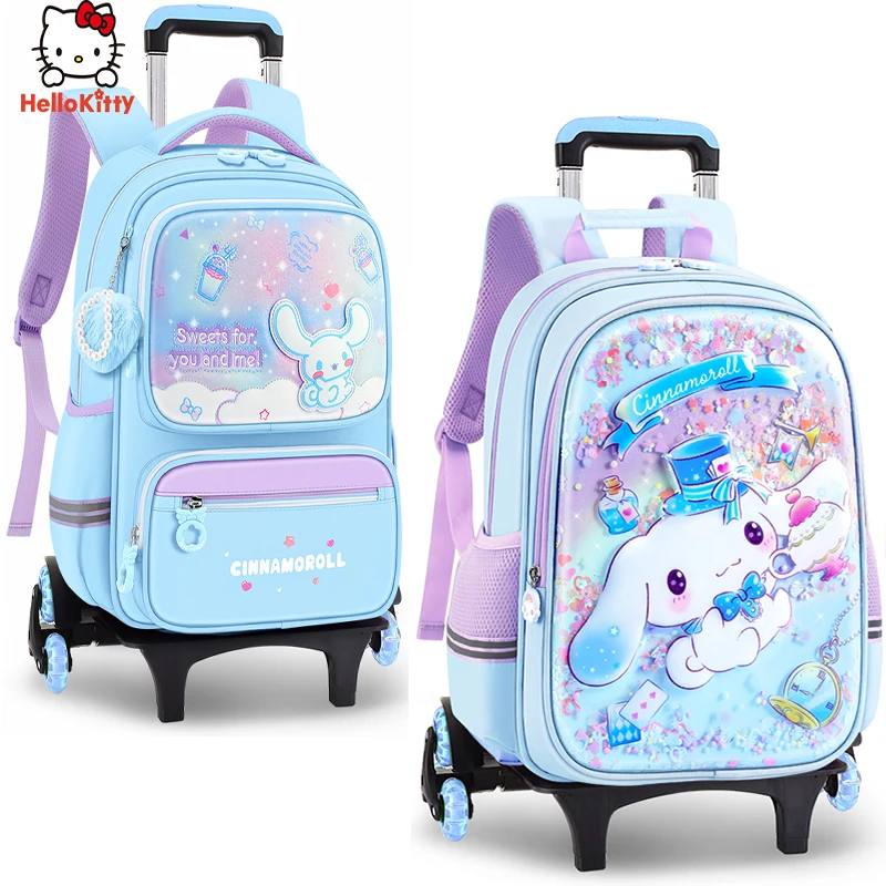 Miniso Cinnamoroll Schoolgirl Trolley Schoolbag Pupil Cartoon Wheeled Backpack Elementary Student Pull Rod School Bag Girls Gift