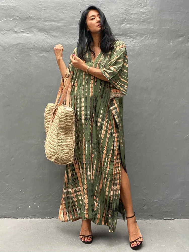 Vestido playero de estilo bohemio para mujer, traje de baño de estilo Retro a rayas, estilo Kimono, Pareo, caftán, 2023