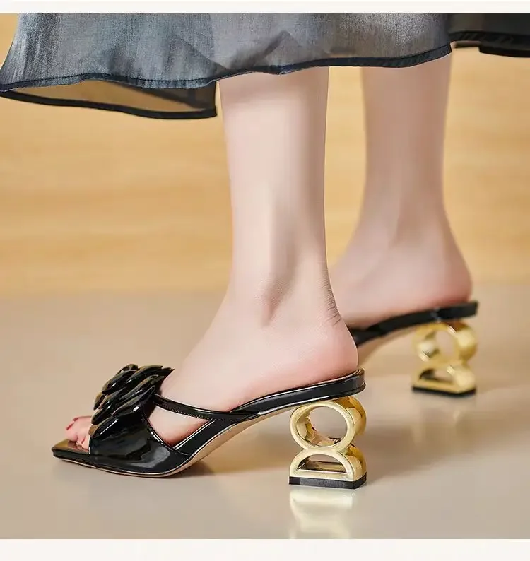 Women Shoes 2024 New Summer Fashion Flowers Black Gold Dress Party Wedding Female Sandals