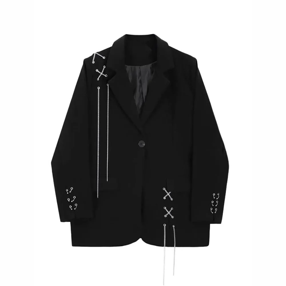 Blazer gótico de peito único feminino, jaqueta monocromática, casaco de corrente de bolso, blusa Y2K, streetwear elegante, moda casual, novo, outono, 2023