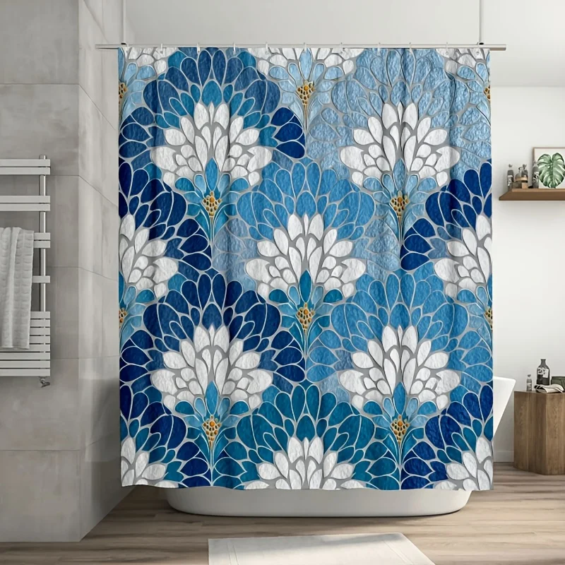 ブルーフローラルオーシャンマンダラ防水シャワーカーテンバスルーム装飾タイルプリントライナー180x180cm