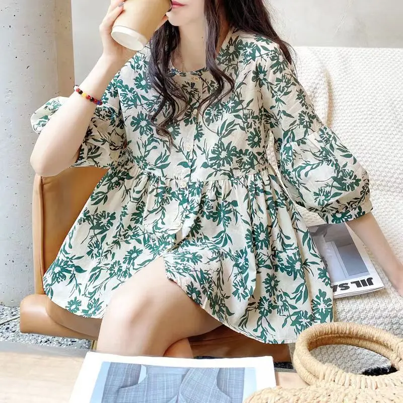 Cute Sweet Summer Women Baby Shirt New Office Lady Korean Loose Round Neck Bishop Sleeve Floral Middle Sleeve All-match T-shirt