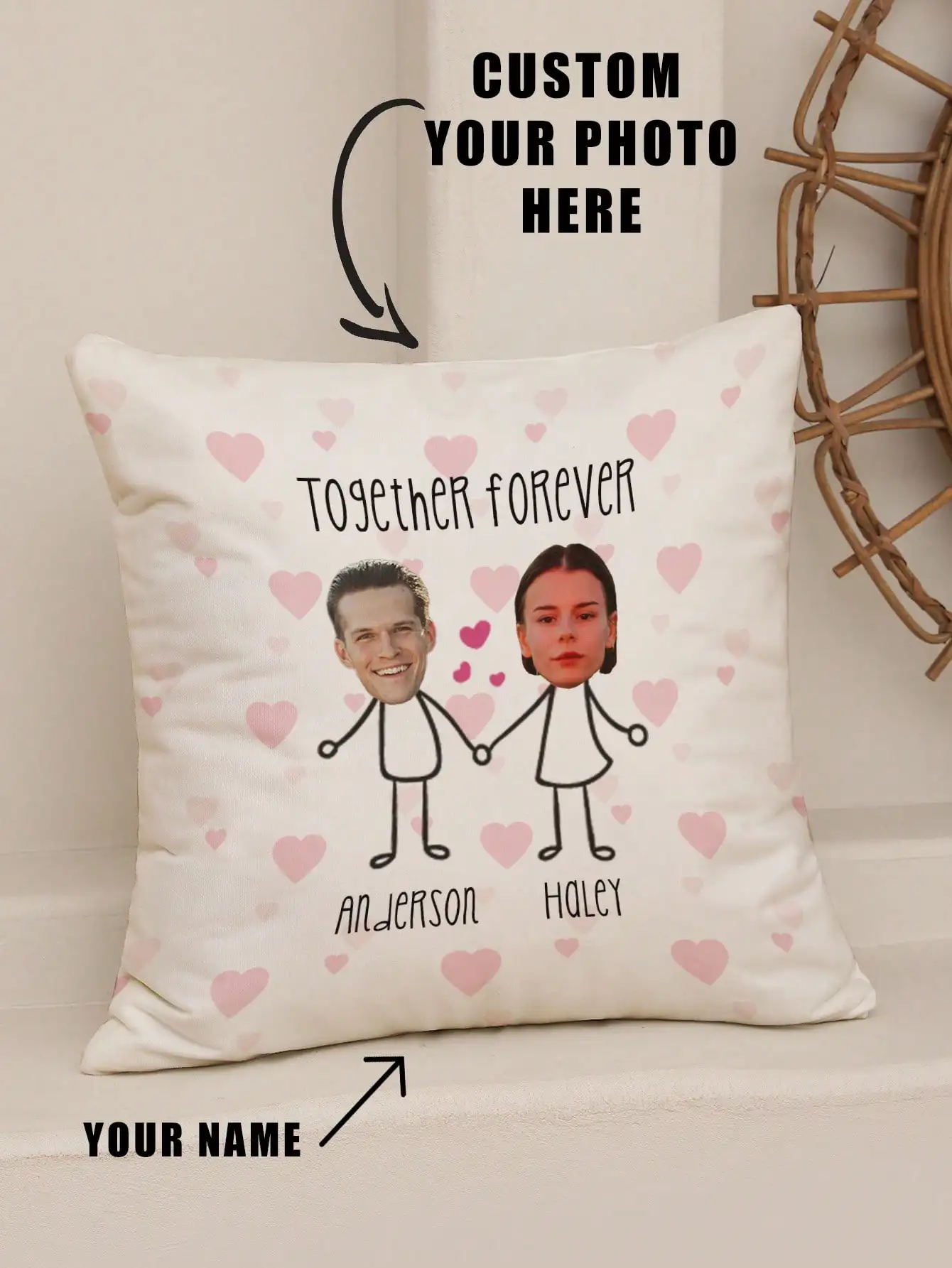 

Custom Photo Throw Pillow Cover with Heart Pattern, Personalized Couple Design for Home Decor