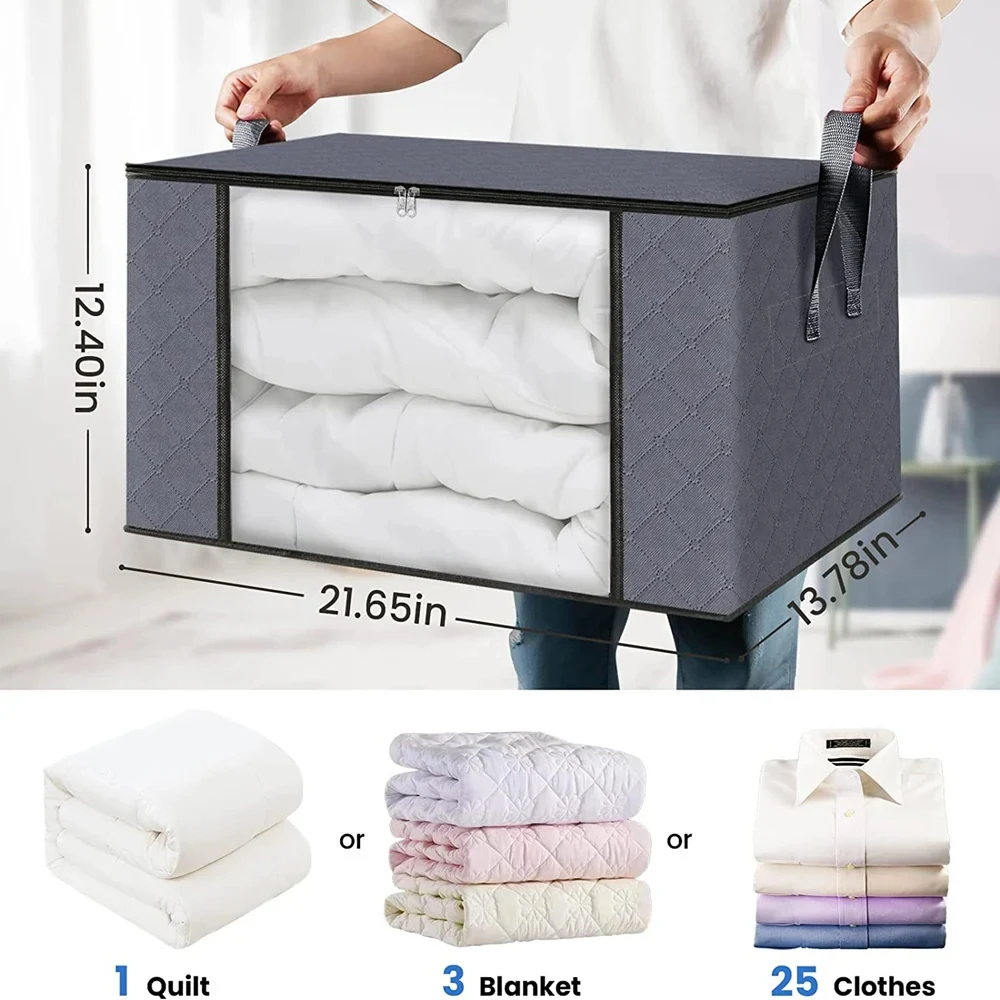 60L Quilt Clothes Organizer, 1-6PCS Clothes Storage Bags, Non-woven Zipper Organizer, Storage Containers for Quilt Clothes Duvet