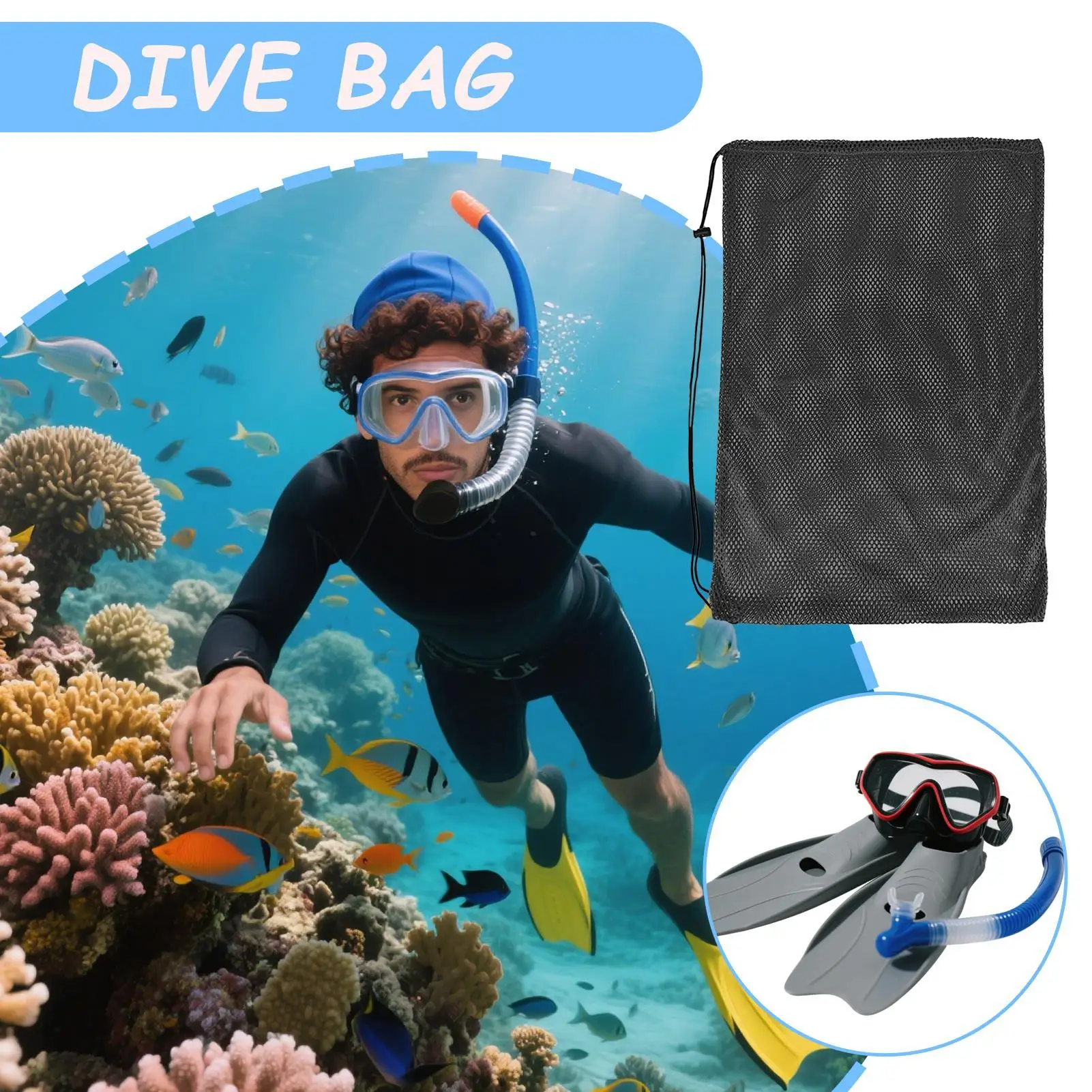 

Сумка для дайвинга, сетчатая сумка для плавания со шнурком, 68x48 см, очень большие аксессуары для дайвинга, органайзер для подводного плавания, тренировочные ласты для плавания