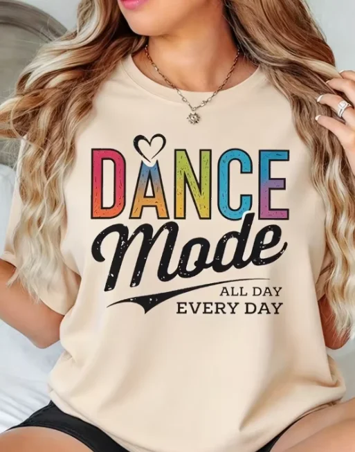 2026 New Arrival Women Casual Crew Neck T-Shirt DANCE Graphic Print Colorful Lettering Heart Design Soft Stretch Fabric Machine Wash Short Sleeve Basic Top T-Shirt