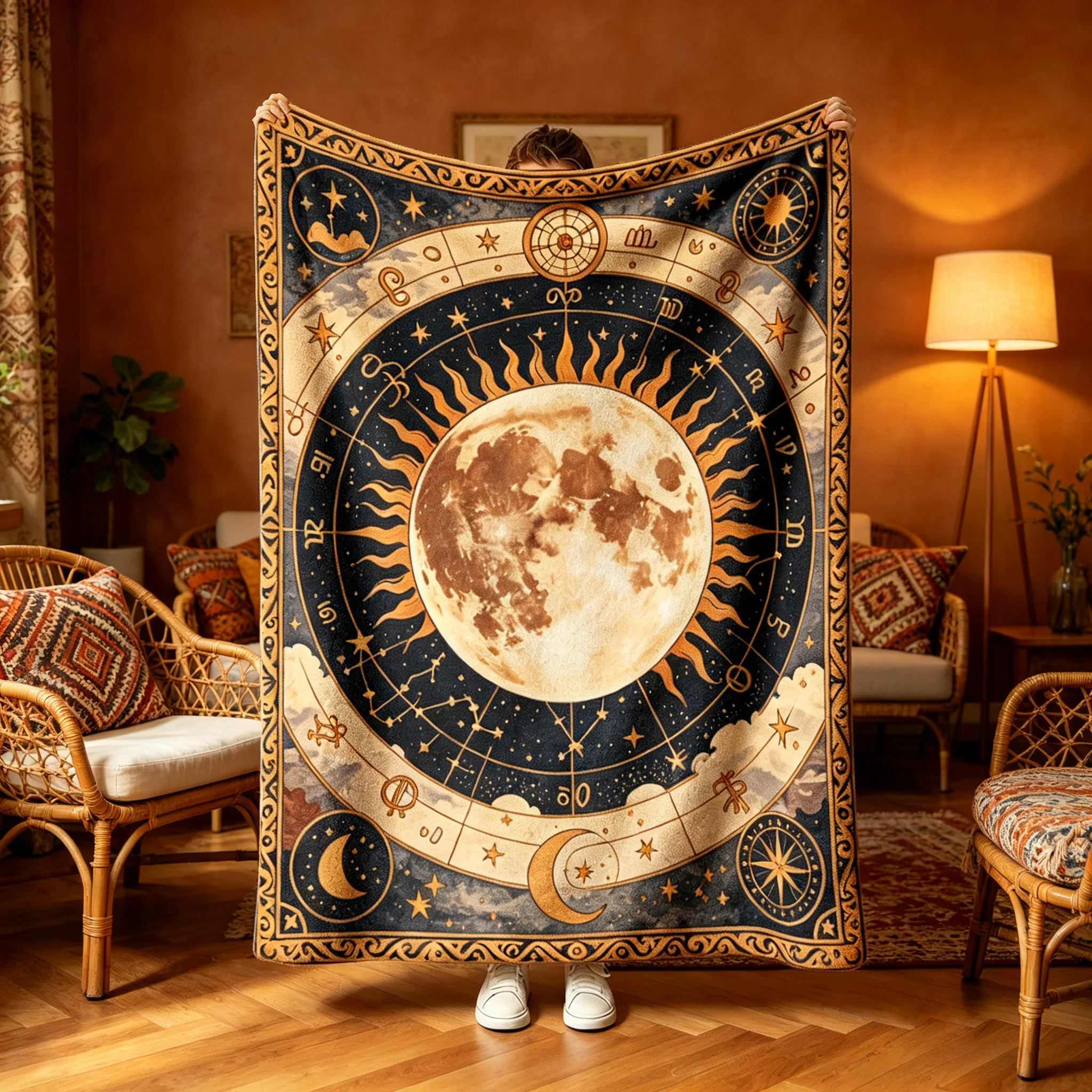 1pc Vintage Sun Moon Zodiac Horoscope Print Flannel Throw Blanket Soft Cozy For Sofa Couch Nap Home Decor Holiday Gift