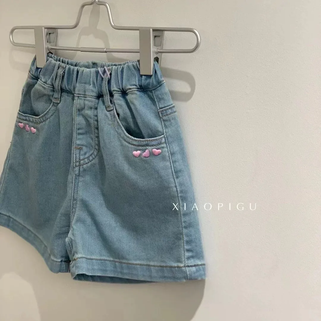 

Teen Girls Summer Thin Denim Shorts Fashion New Mid-Size Kids Heart Denim Pants Cute Toddler Kids Jeans 110-160cm