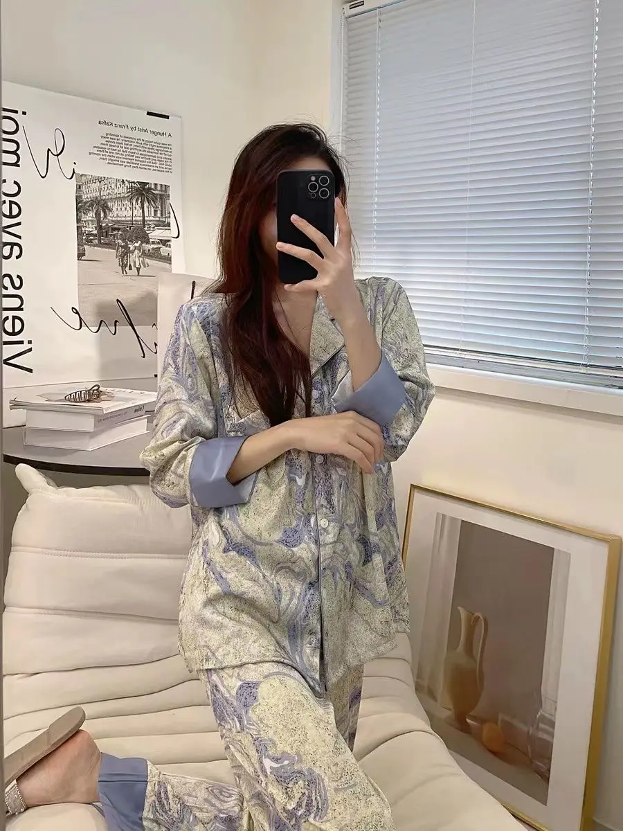 Pigiama da donna pigiama in raso di seta a maniche lunghe pigiama di lusso Casual pigiameria loungewear donna colletto rovesciato