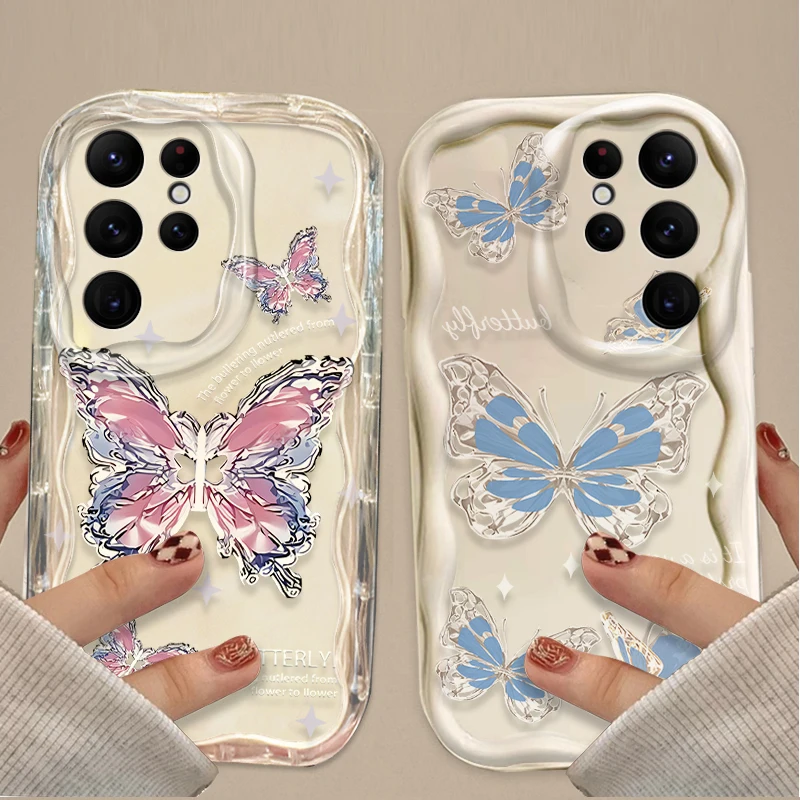 Glitter Metal Butterfly Phone Wavy Silicone Soft Phone Case for Samsung Galaxy S25 S24 Ultra S23 S22 S21 S20 Plus FE A56 A36 A26