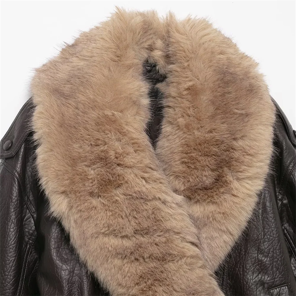 New autumn and winter women's clothing loose casual long sleeved detachable collar imitation leather jacket jacket