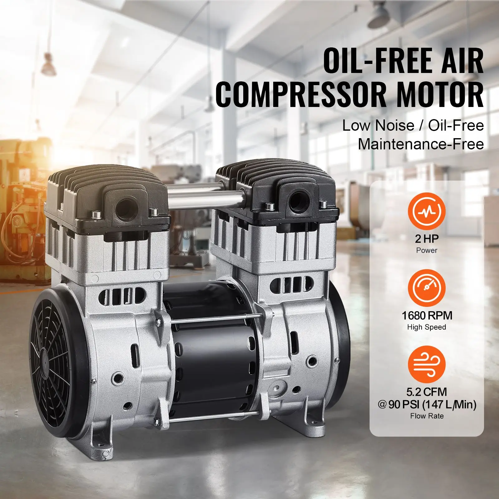 Air Compressor Motor, 2HP 5.2CFM @ 90PSI Oil Free Pump & Max. 145PSI Pressure, 78dB Ultra-Quiet for Auto Repair, Tire Inflation