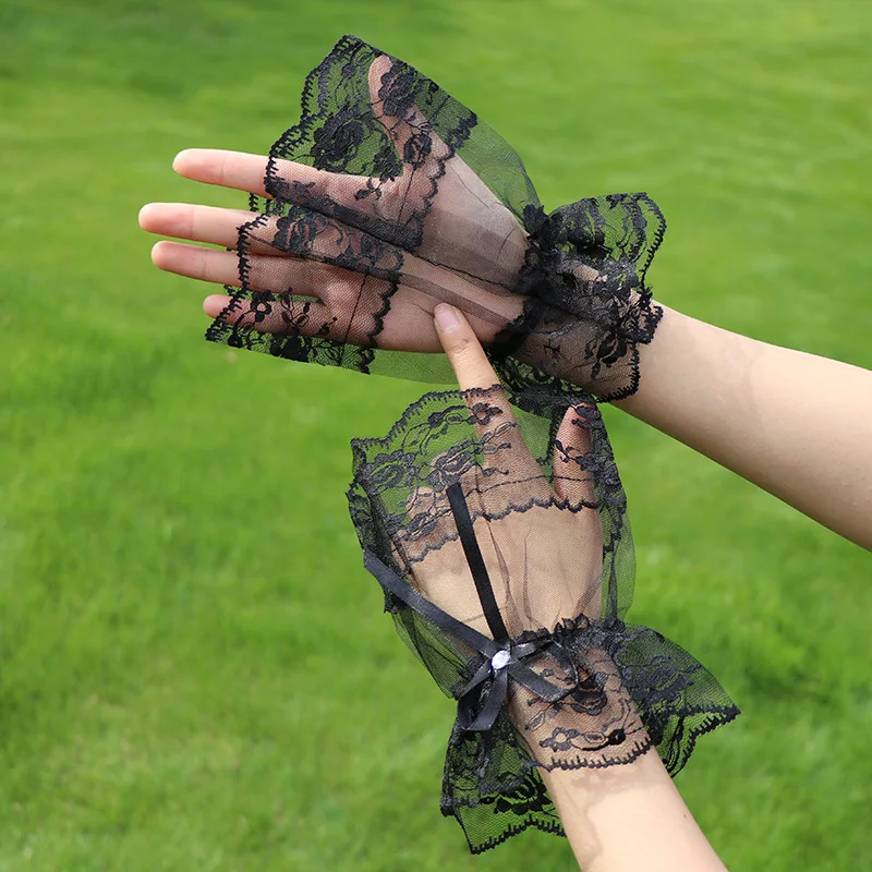 Guantes y muñequeras de encaje Retro Lolita, lazo de encaje, accesorios de vestido de novia, toma de fotos, Mangas de brazo de mano para mujer,