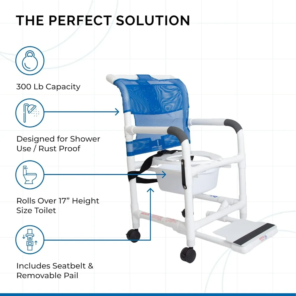 Rolling Shower Chair with Drop Arms, Mesh Seat, Locking Casters,  Slide Out Footrest and Commode Pail  Fits Over Standard Toilet