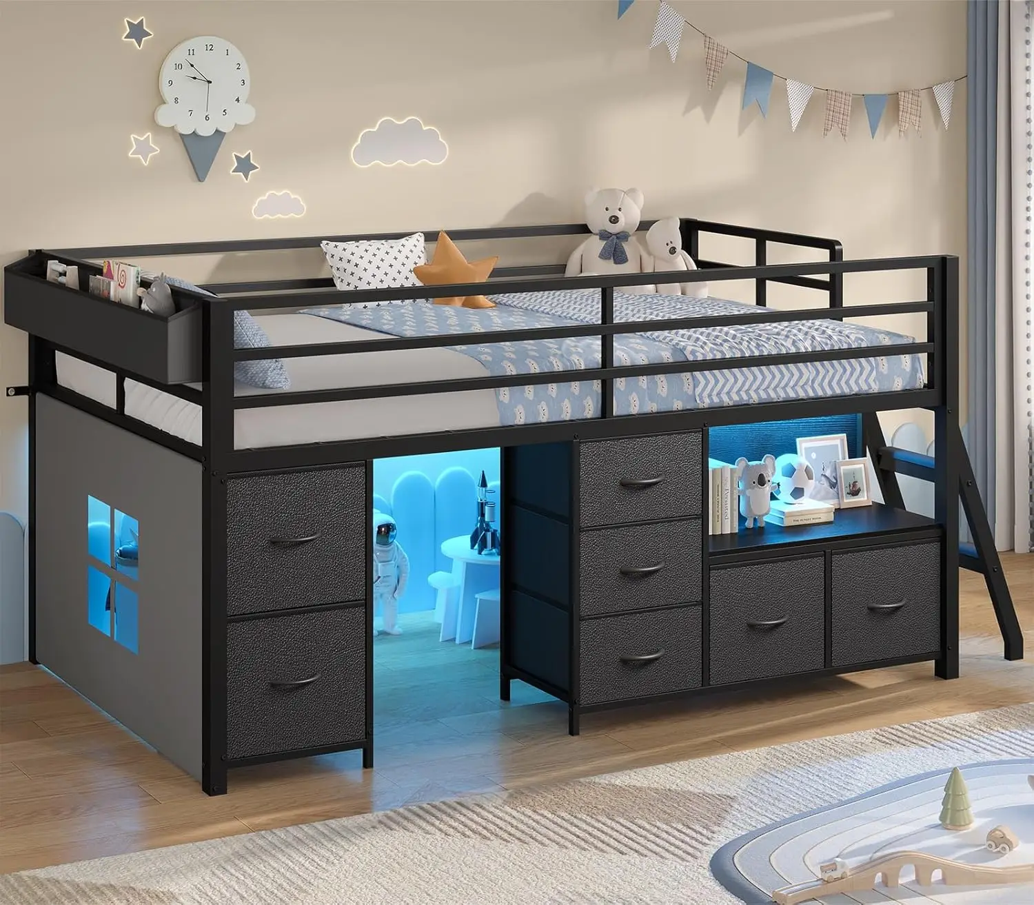 

ADORNEVE Low Loft Bed Twin Size with 7 Storage Drawers, Bookcase and LED Lights, Metal Kids Loft Bed with 14" H Safety Guardrail