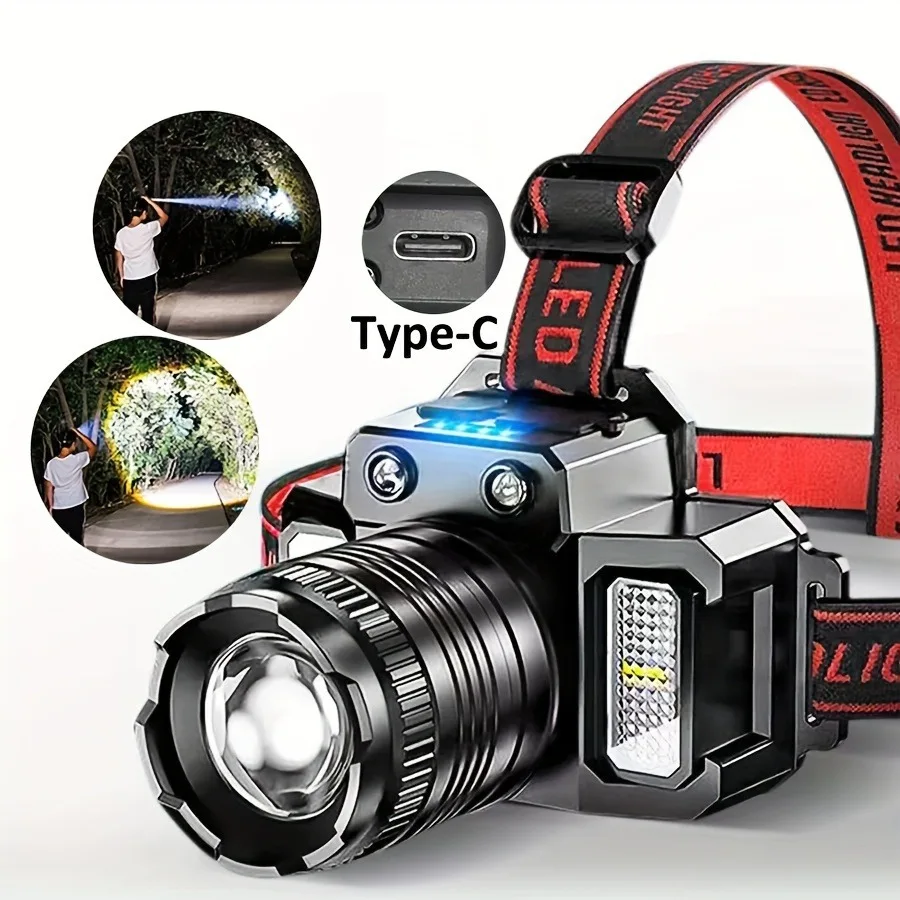 Rechargeable LED Headlamp Waterproof Adventure Camping Searchlight with 5 Modes Includes Charging Cable Built-in18650 Battery