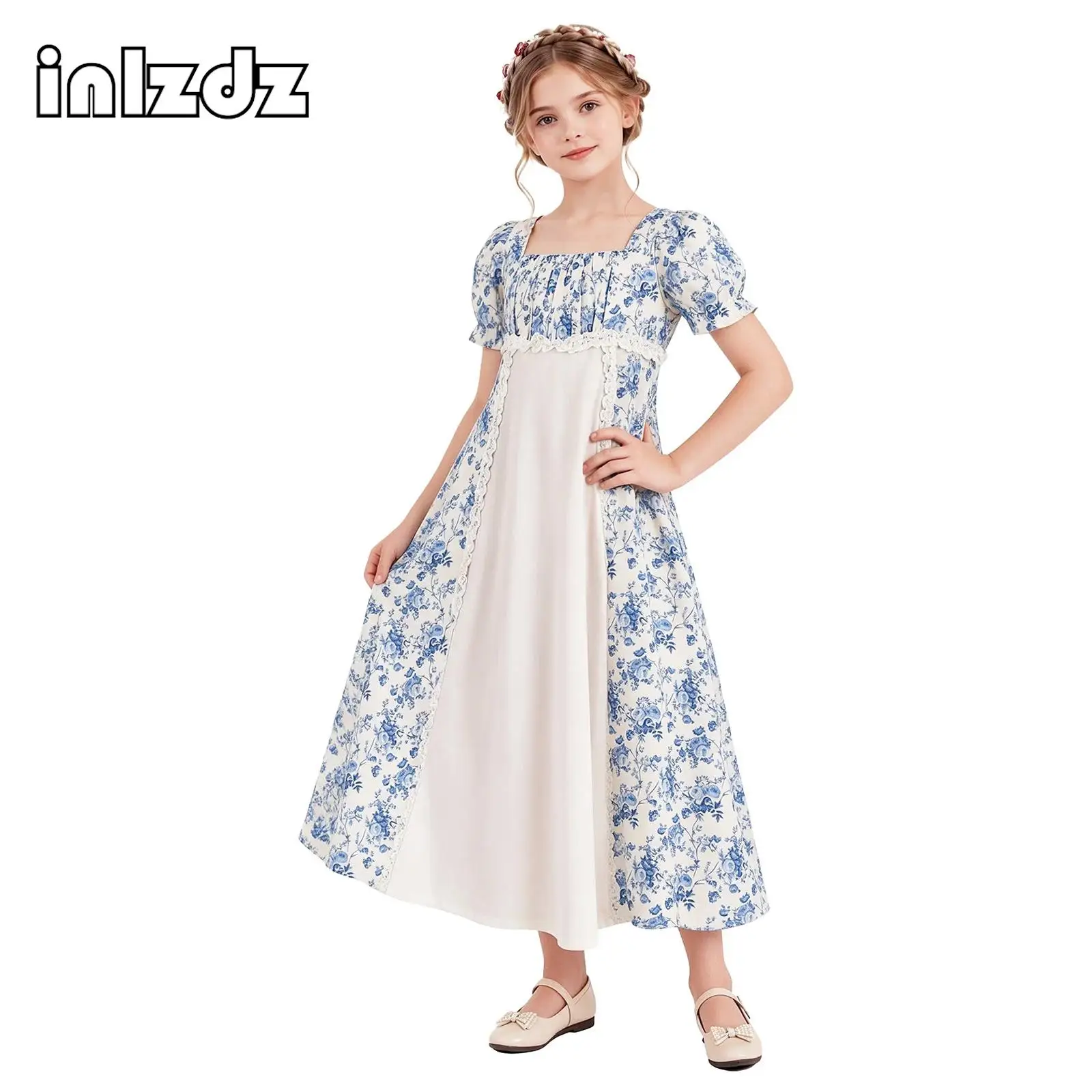 Vestido medieval renascentista para meninas, com gola quadrada, mangas curtas bufantes, cintura império e detalhes em renda e motivos florais, ideal para festas temáticas de Halloween.