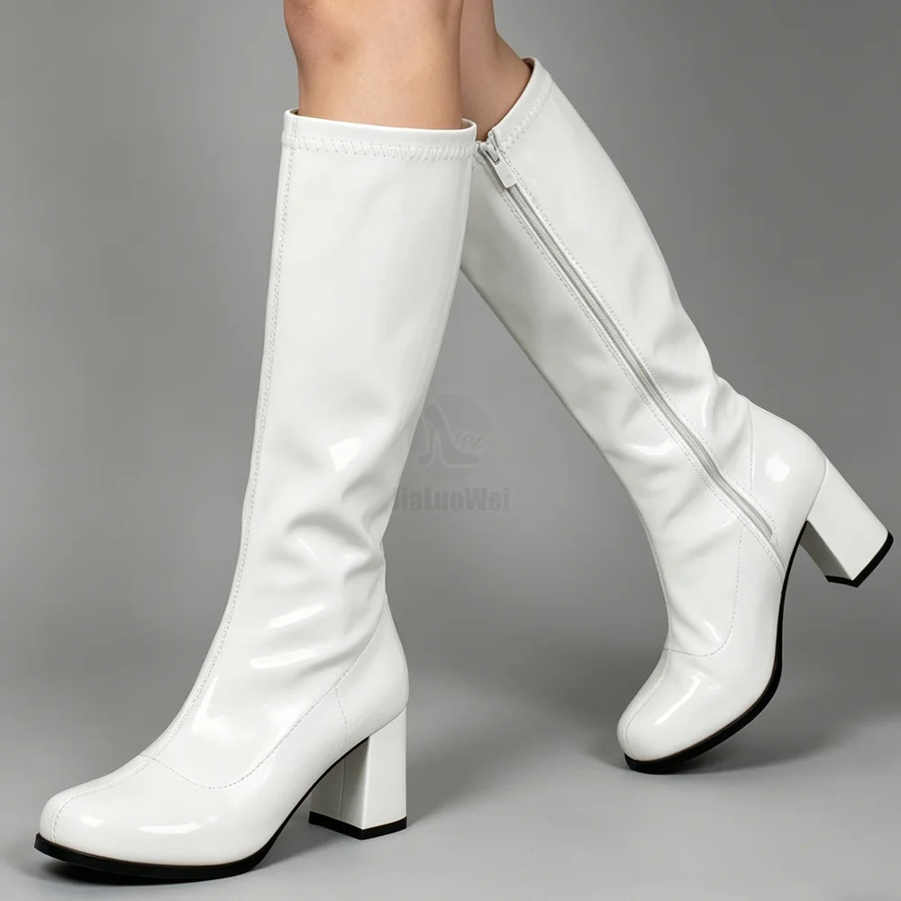 Jialuowei donna gogo stivali tacco quadrato stivali classici con punta quadrata alti stivali con Zip in pelle PU scarpe da ballo unisex per abiti da