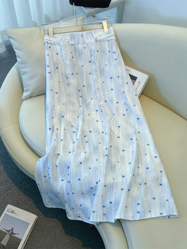 

Chinese Style Floral Print Half Skirt Women's mid Waist A-Line Midi Skirt Lace Belt Summer Design Sense Polyester Fiber