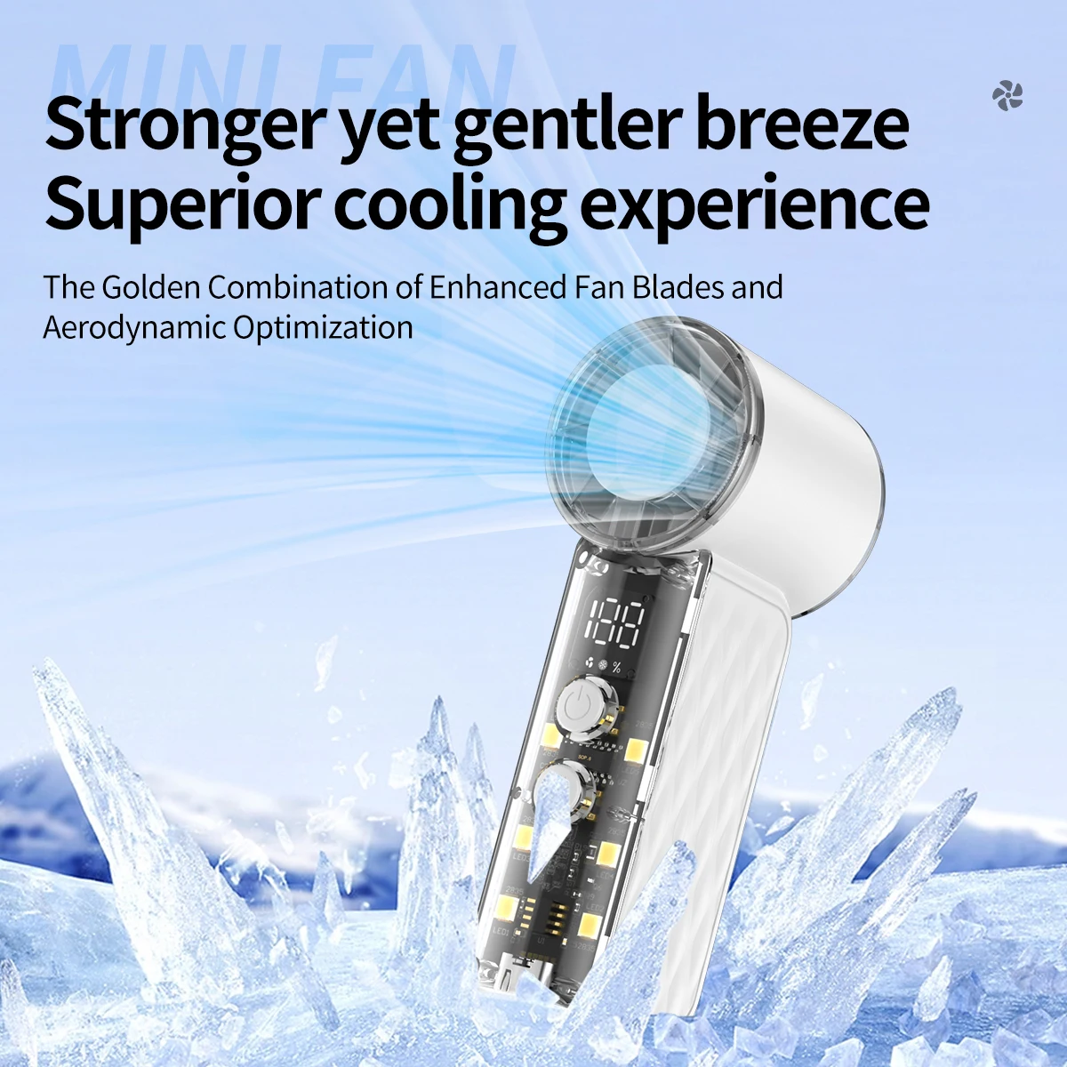 High-aesthetic mecha mini fan; portable pocket rechargeable LED digital display fan; portable cooling gadget with light