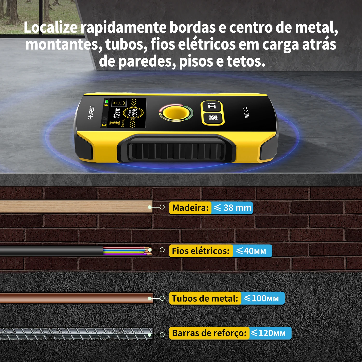 FNIRSI WD-02 Versão em português Detetor de parede Localizador de vigas Cabos CA com carga Vigas de metal Vigas de madeira