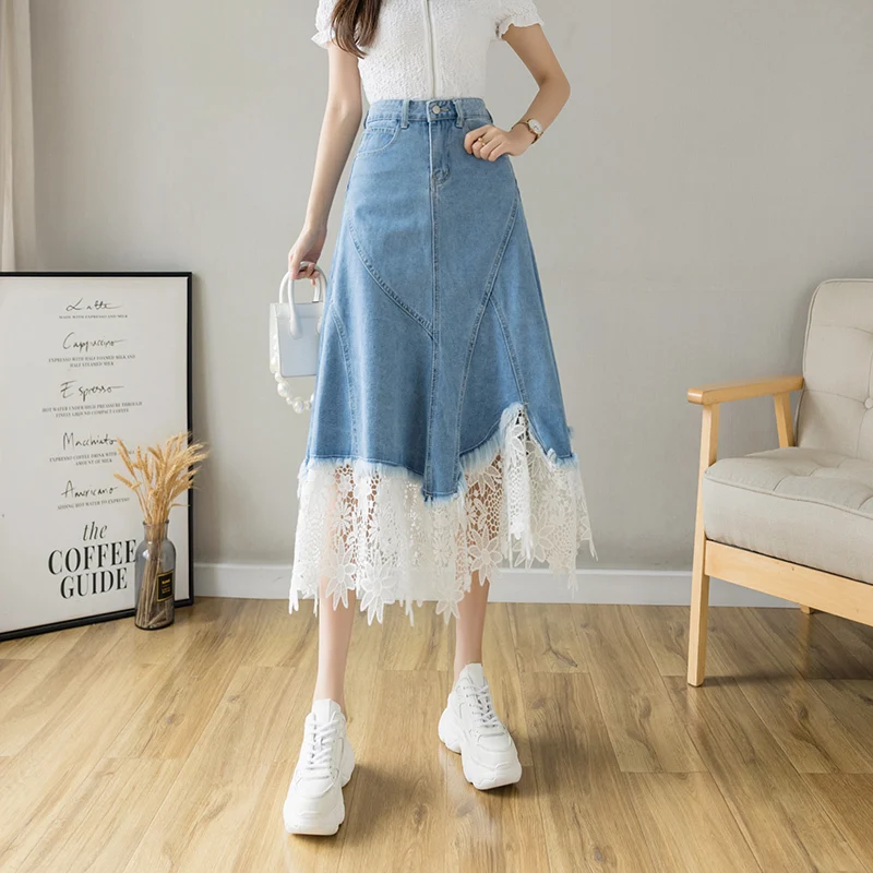 

Lace Patchwork Denim SkirtsWomen Irregular A-line Fashion High WaistSummer 2023 Female New Casual Korean Style