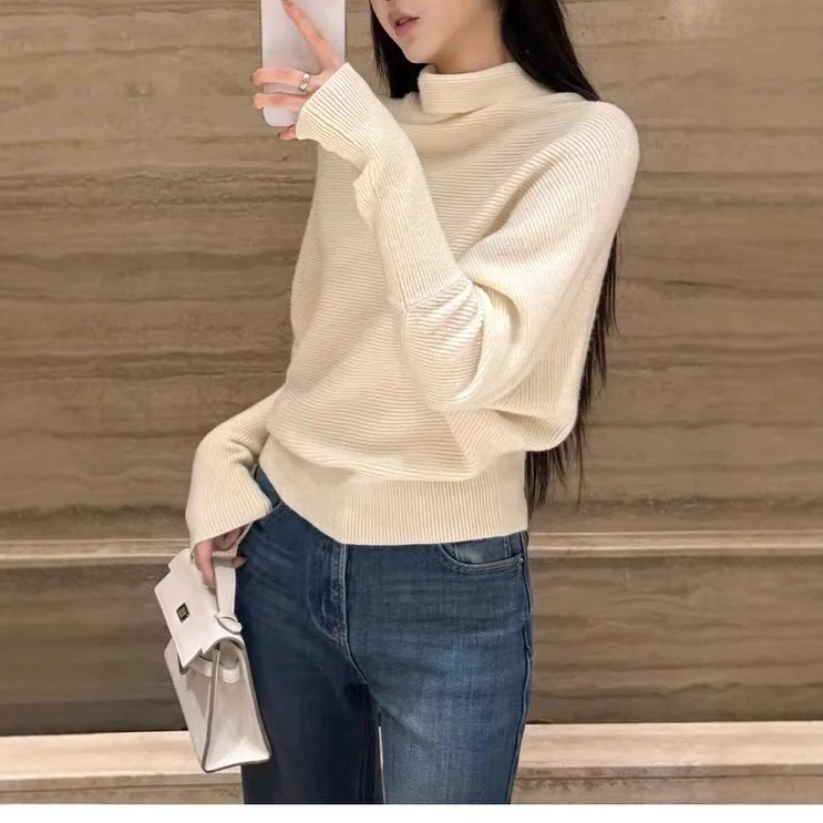 

Women's Slim Fit Long Sleeve High Collar Autumn Winter Fashionable Top Design Sensation Off-Shoulder Knitted Sweater