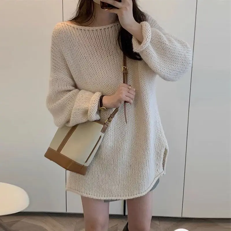 Ladies Pullovers Long Slit Round O Neck Women\'s Knit Sweater Loose Off-white Korean Style Fall New Knitwear Aesthetic Outerwears