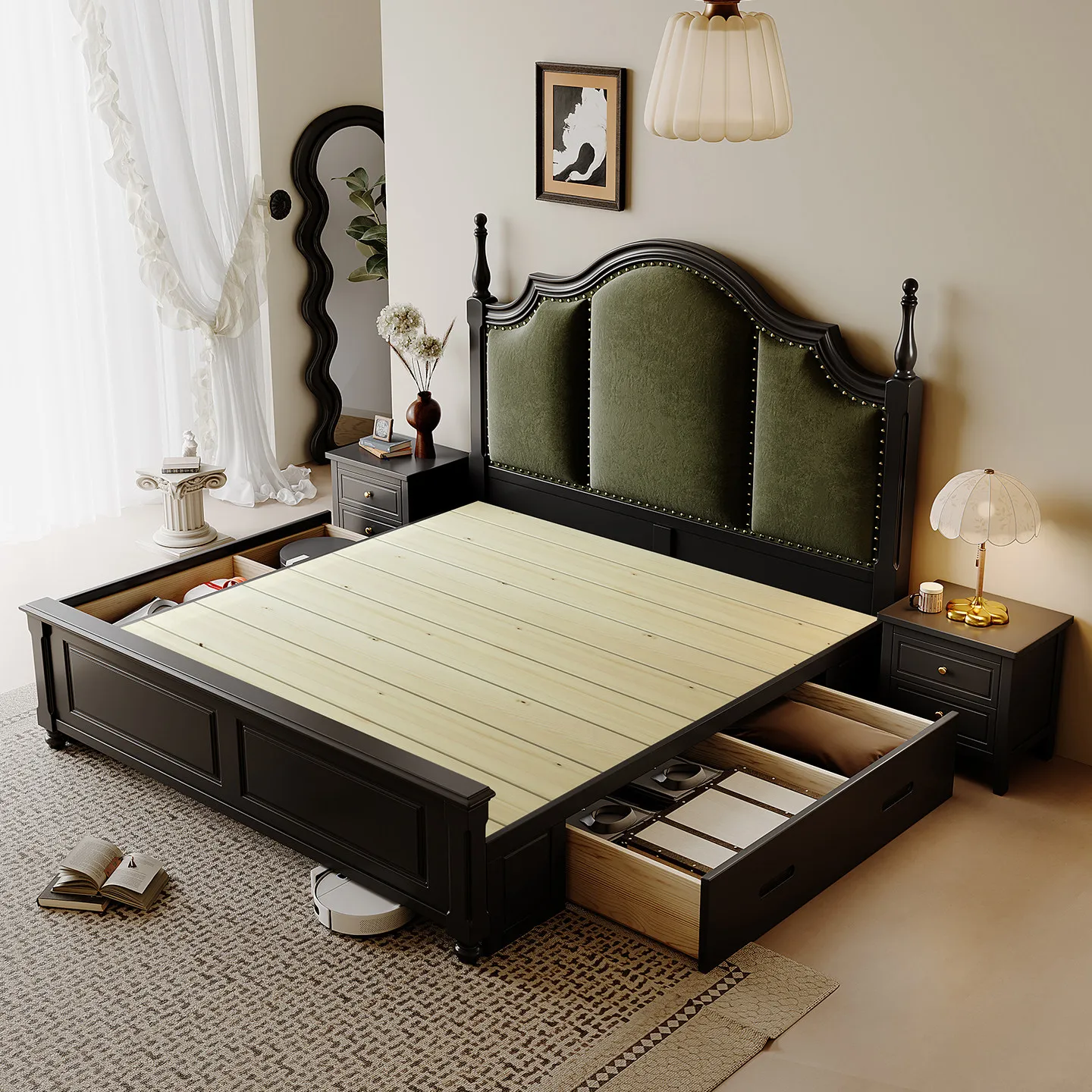 French retro bed solid wood soft rest 1.8 meters double bed black American