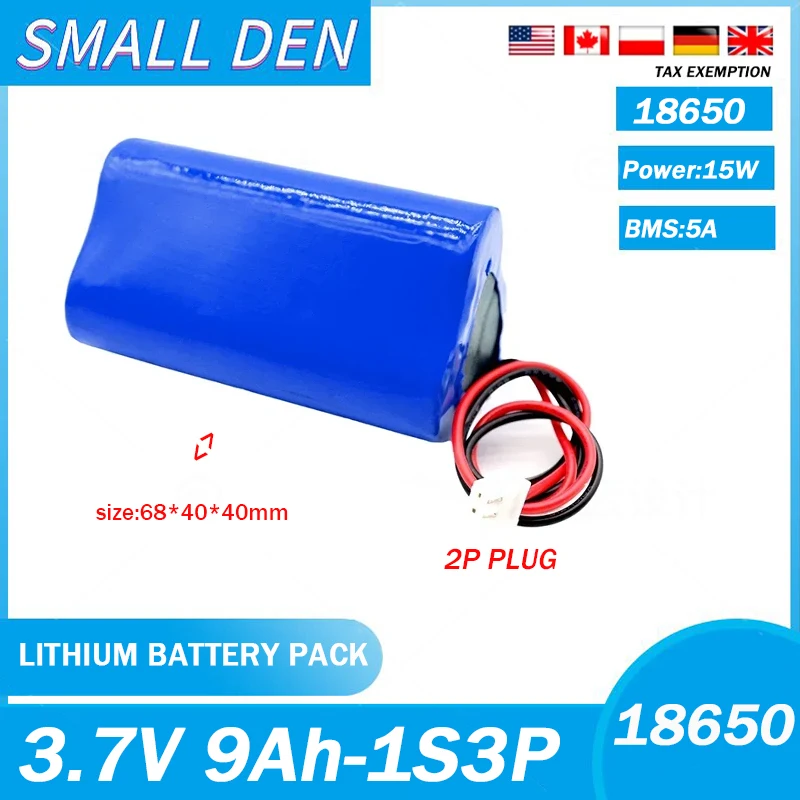 3.7V 9A 18650 lithium battery pack 1S3P 9000mAh built-in BMS, bluetooth speaker, flashlight, GPS, toy, rechargeable battery