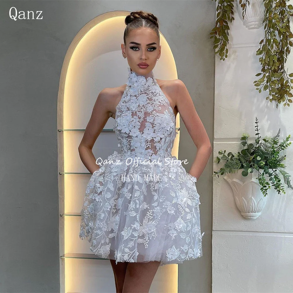 Qanz Chic Kant Applicaties Trouwjurk Halter Hals Kort met Zak Robes De Mariée Corset Terug Een Lijn Bruidsjurken Aangepast