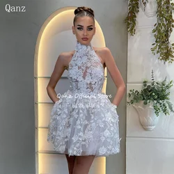 Qanz Chic Lace Appliques Wedding Dress Halter Neck Short with Pocket Robes De Mariée Corset Back A Line Bridal Gowns Customized