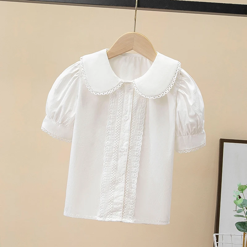 Girls pure cotton white short-sleeved lace shirt summer shirt female student summer french baby doll shirt preppy style top