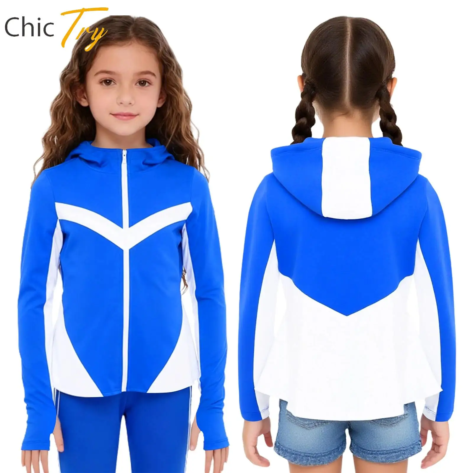 

Children Girls Color Block Hooded Jacket Yoga Sweatshirt Quick-Drying Athletic Top for Workout Running Jogging Cycling Clothes