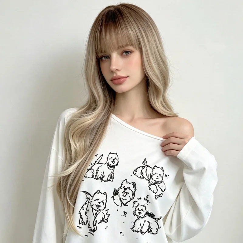 Fashionable Air Bangs Long Curly Hair Women'S Wig Rose Mesh Matte Silk Simulation Head Wear Synthetic Wig 22 Inch Headgear