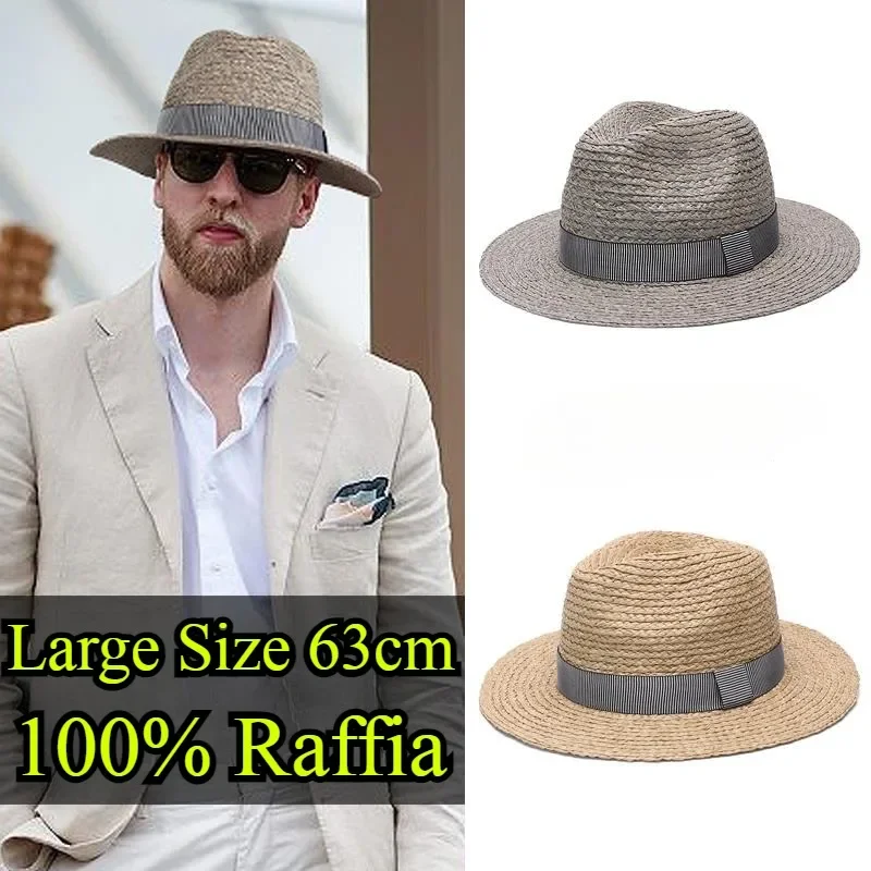 Natural 100 Percent Raffia Large Size Jazz Straw Hat Women Men Wide Brim Summer Sun Hat UPF50 Travel Panama