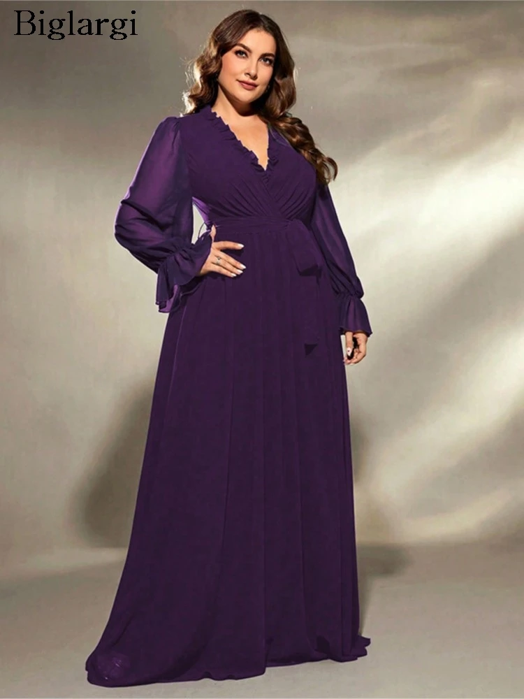 

Plus Size Spring Chiffon Dress Women Long Sleeve Loose Elegant Fashion Ladies Dresses Slim Waist Woman V-Neck Dress